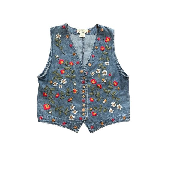 Vintage 90s Orvis Embroidered Floral Denim Vest - Picture 1 of 5